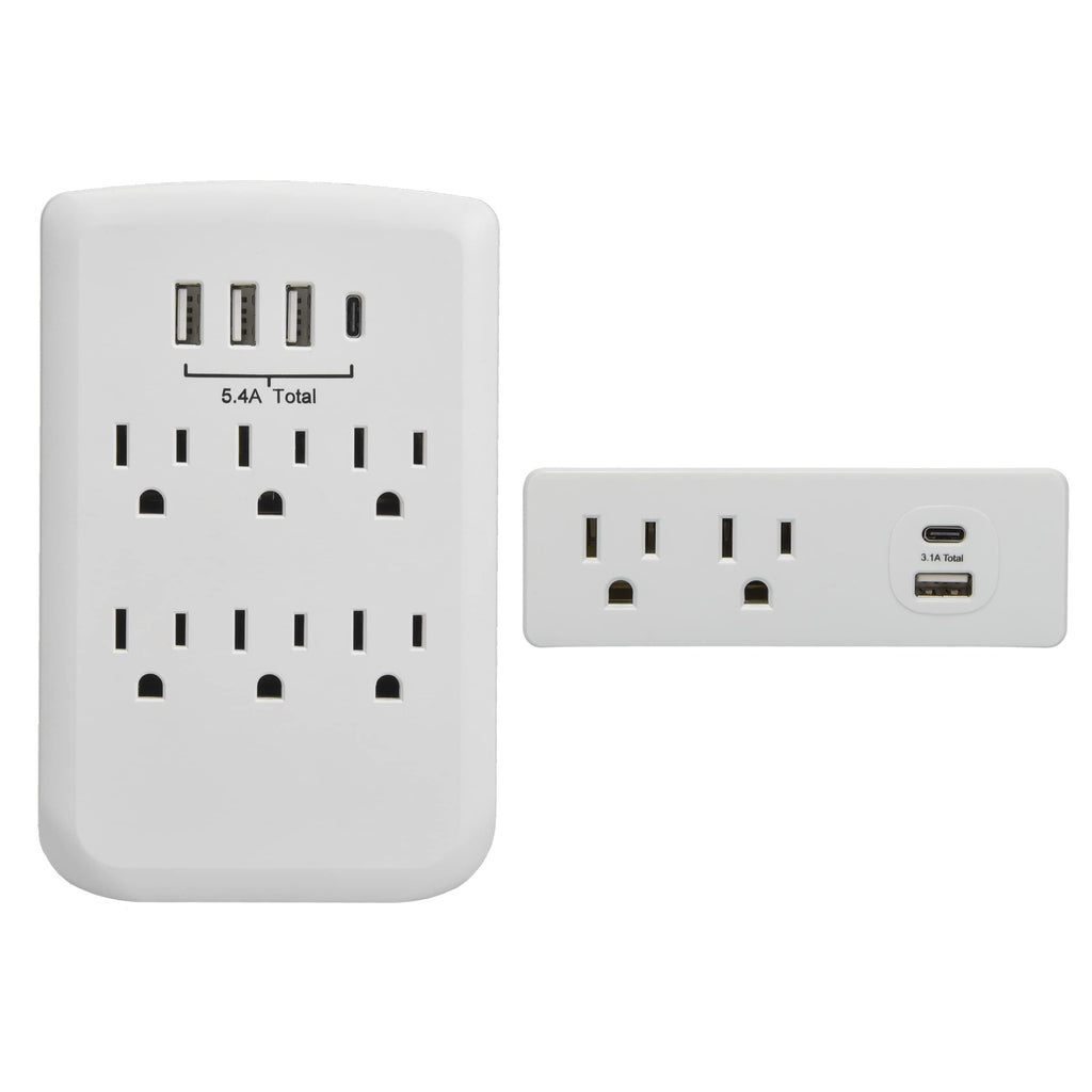 Clear Power Combo: 2-Outlet Travel tap w/USB-A & USB-C Chargers & 6-Outlet Wall-tap w/3-port USB-A & 1-Port USB-C Chargers CP30008