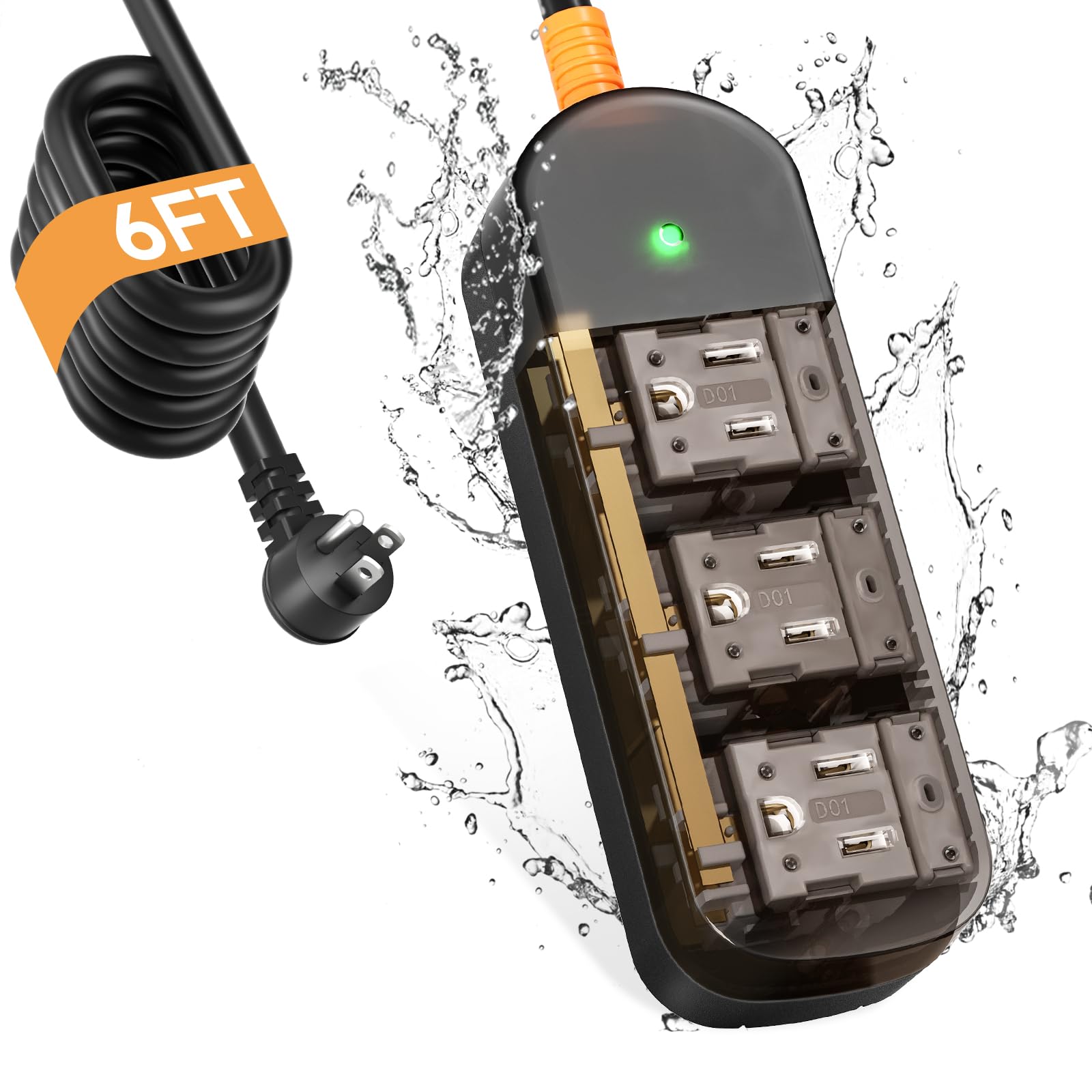 Outdoor Power Strip Weatherproof 6 FT Extension Cord Waterproof Surge Protector Power Strip 3 AC Outlets Shockproof 1625W Overload Protection for Camping Home Office Garden FCC UL Listed