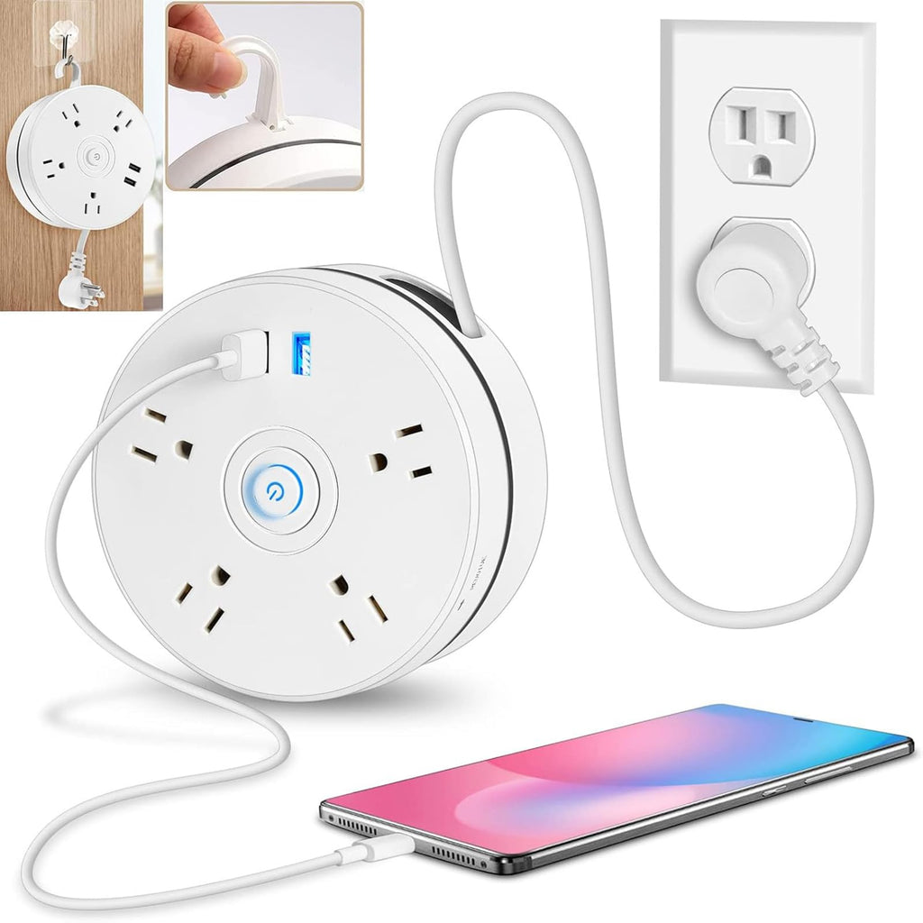 Retractable Power Strip 6FT Extension Cord Power Strip Surge Protector with 4 Outlets 2 USB Ports and Hook Portable Travel Power Strip for Office School HotelDorm Room-White