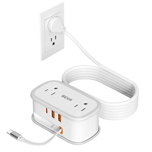 BEVA Travel Power Strip Flat Plug Power Strip with Retractable USB C Cable 5 FT Short Extension Cord with 2 AC Outlets 3 USB Ports(1 USB C) Small Portable Travel Accessories Cruise Ship Essentials