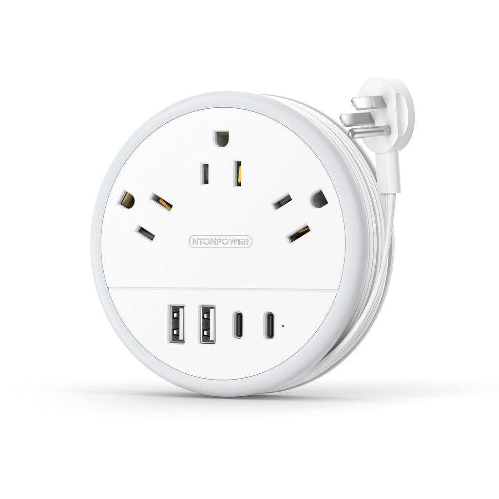 NTONPOWER Travel Power Strip Cruise Approved Power Strip with 3 Outlets 4 USB Ports(2 USB C) 4FT Wrapped Around Flat Extension Cord Portable Power Strip for Travel Cruise Ship Essentials White