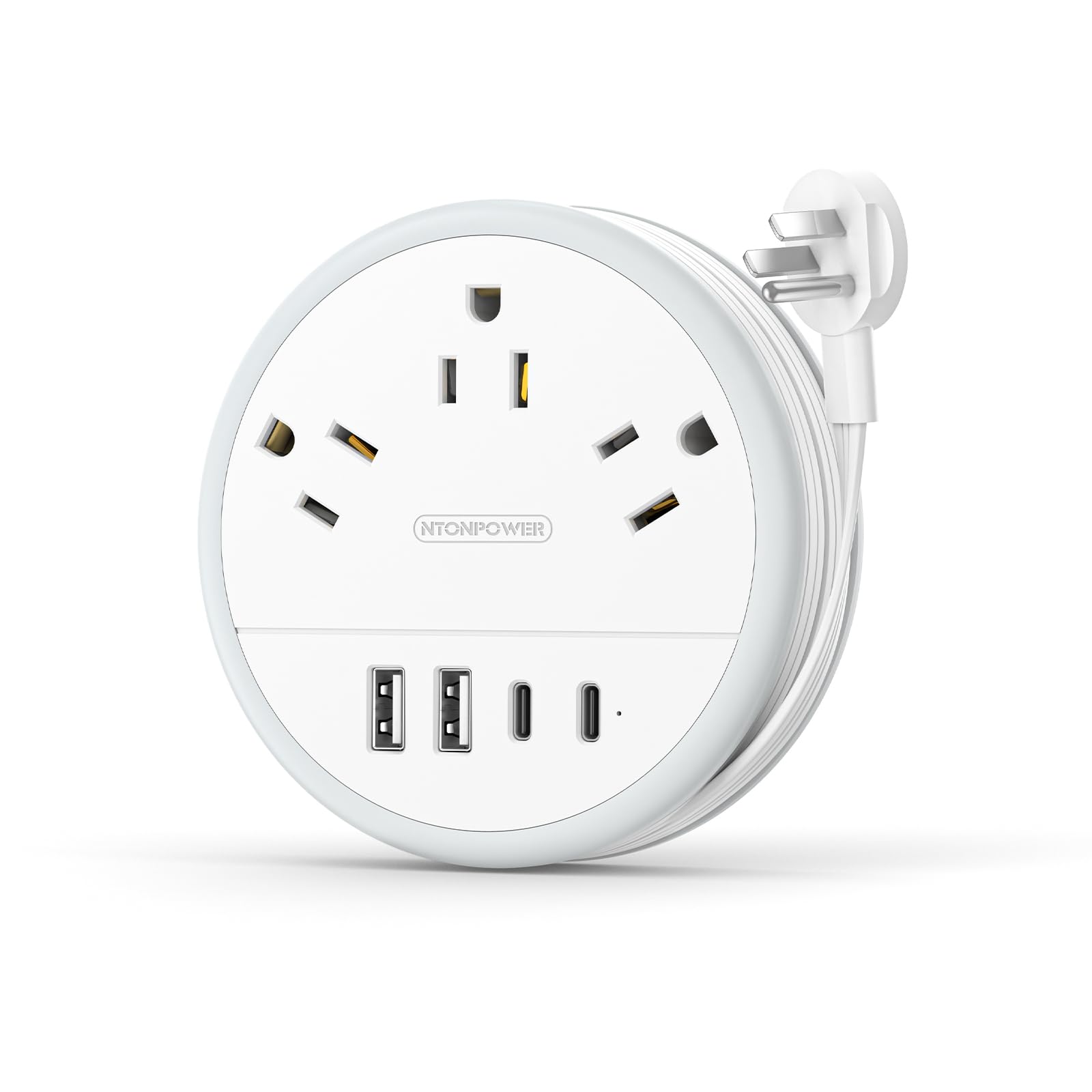 NTONPOWER Travel Power Strip Cruise Approved Power Strip with 3 Outlets 4 USB Ports(2 USB C) 4FT Wrapped Around Flat Extension Cord Portable Power Strip for Travel Cruise Ship Essentials White