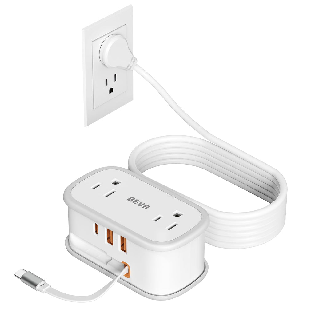 BEVA Travel Power Strip Flat Plug Power Strip with Retractable USB C Cable 5 FT Short Extension Cord with 2 AC Outlets 3 USB Ports(1 USB C) Small Portable Travel Accessories Cruise Ship Essentials