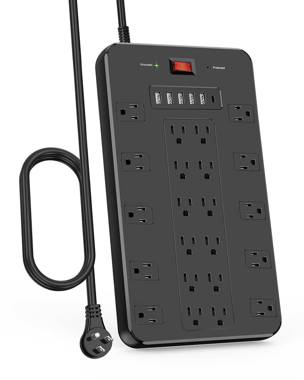 Surge Protector Power Strip FDTEK 22 AC Multiple Outlets with 6 USB (1 USB-C) 6.5Ft Extension Cord Flat Plug Outlet Extender Heavy Duty Power Strip for Home Office Dorm Gaming (2100J 15A/1875W)