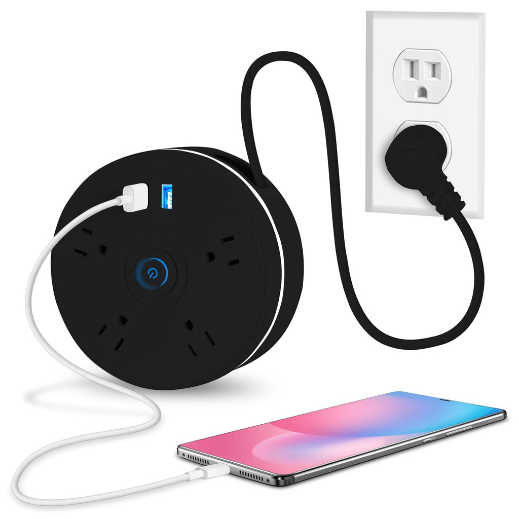 Retractable Extension Cord Power Strip: 6ft Extension Cord Surge Protector with 4 Outlets 2 Smart USB Ports and Hook - Portable Travel Power Strip for Home Office (Black)