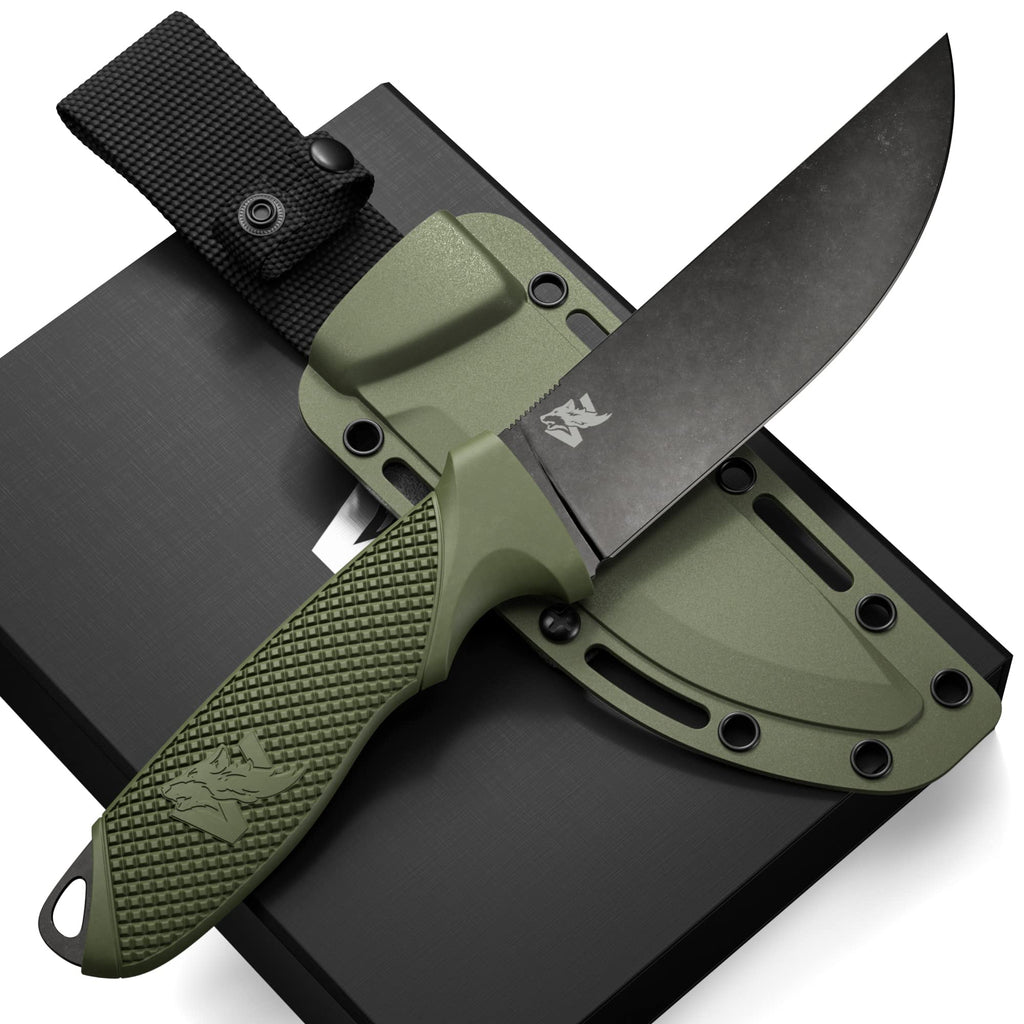 ODENWOLF W-FLAT Full Tang Survival Knife with Sheath - Stylish Tactical Fixed Blade Knife - Made of D2 Steel - Bushcraft and Camping Knife Survival - Perfect EDC Hunting Knife with TPE Handle Abundance Forge