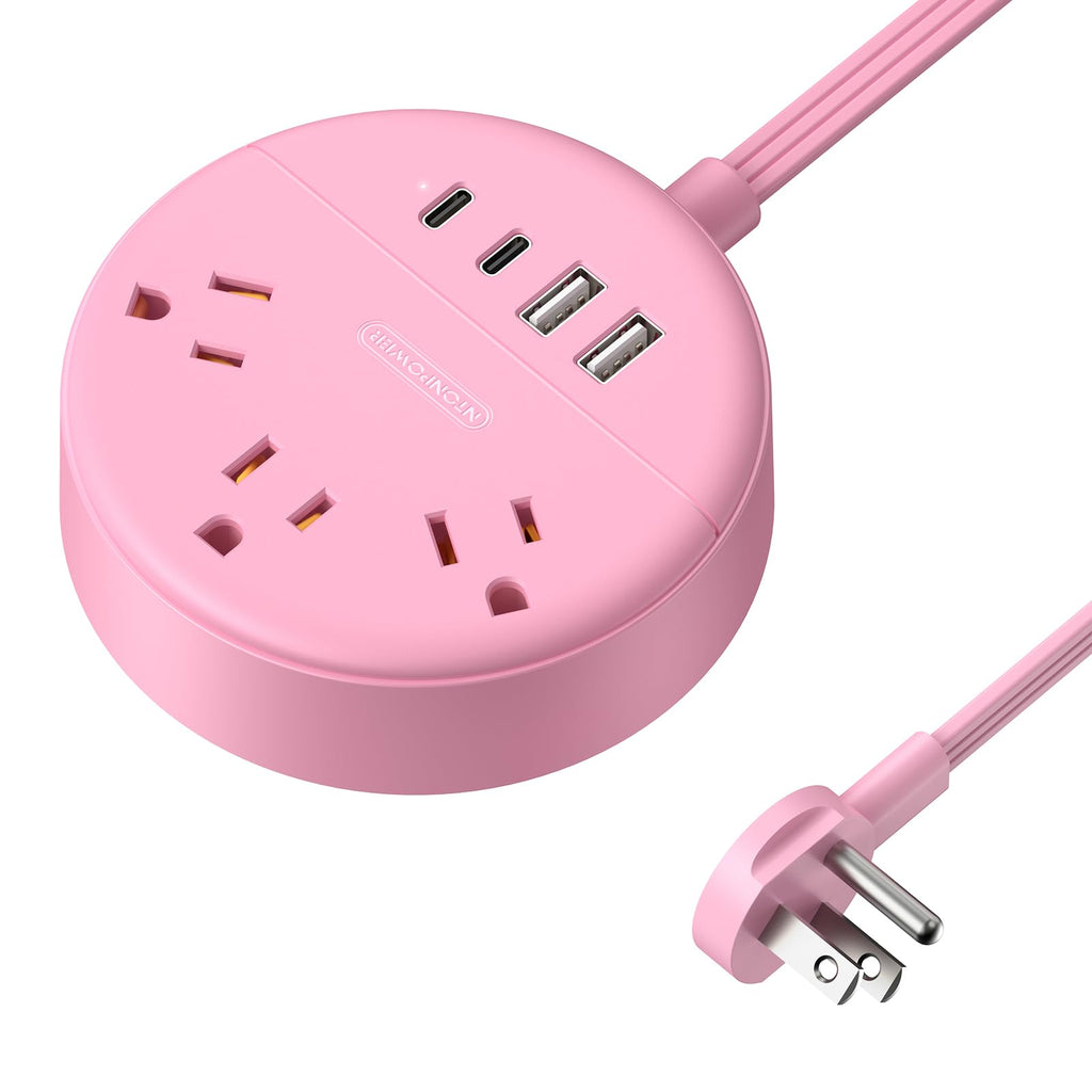 NTONPOWER Pink Power Strip 5ft Extension Cord 3 AC Outlets & 2 USB C & 2 USB A Flat Extension Cord Wall Mount Flat Plug Power Strip for Home Dorm Vanity Desk Nightstand Women Travel Essential