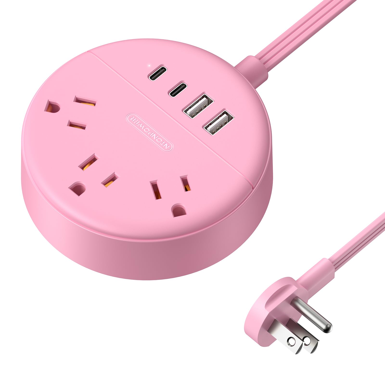 NTONPOWER Pink Power Strip 5ft Extension Cord 3 AC Outlets & 2 USB C & 2 USB A Flat Extension Cord Wall Mount Flat Plug Power Strip for Home Dorm Vanity Desk Nightstand Women Travel Essential