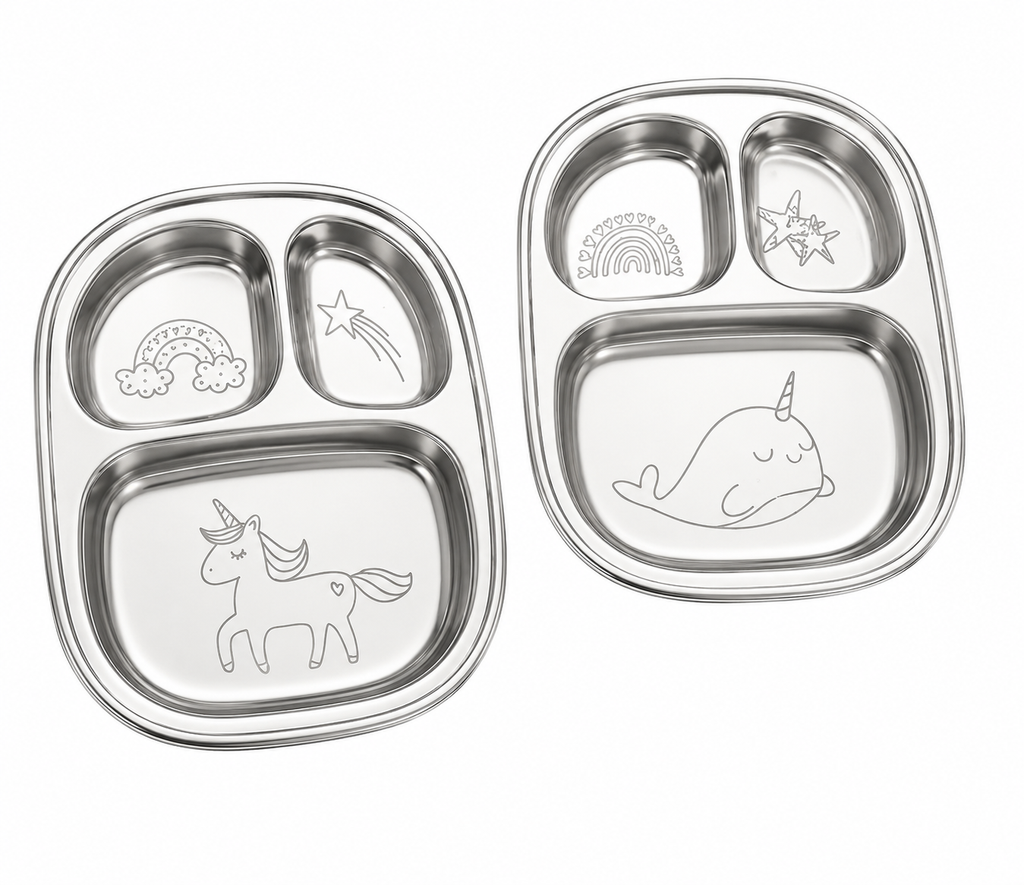 Stainless Steel Divided Plates for Kids — Unicorn Design | Set of 2