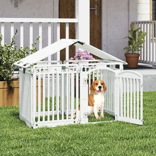 8-Panel Tall Plastic Dog Fence Indoor Outdoor Puppy Pen with Locking Door-White - Abundance Forge