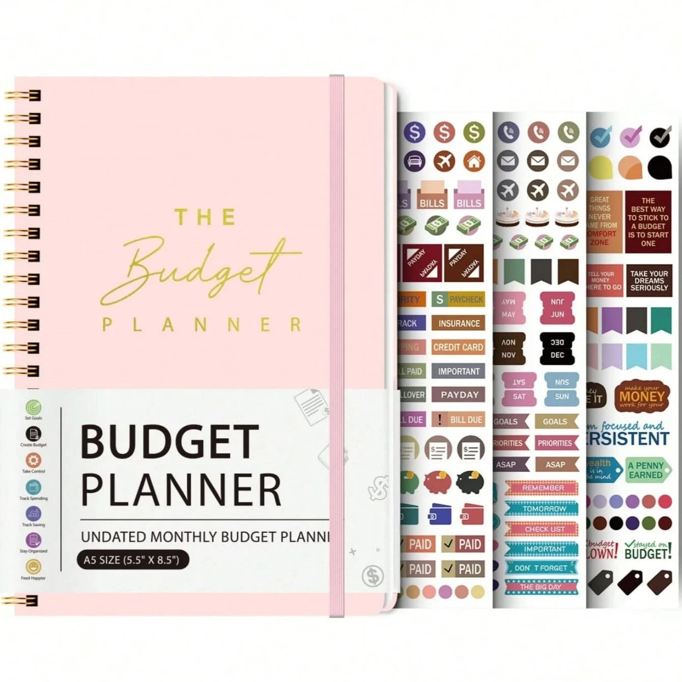 A5 Budget Planner Book with 3 Sheets Stickers, Undated Monthly Finance