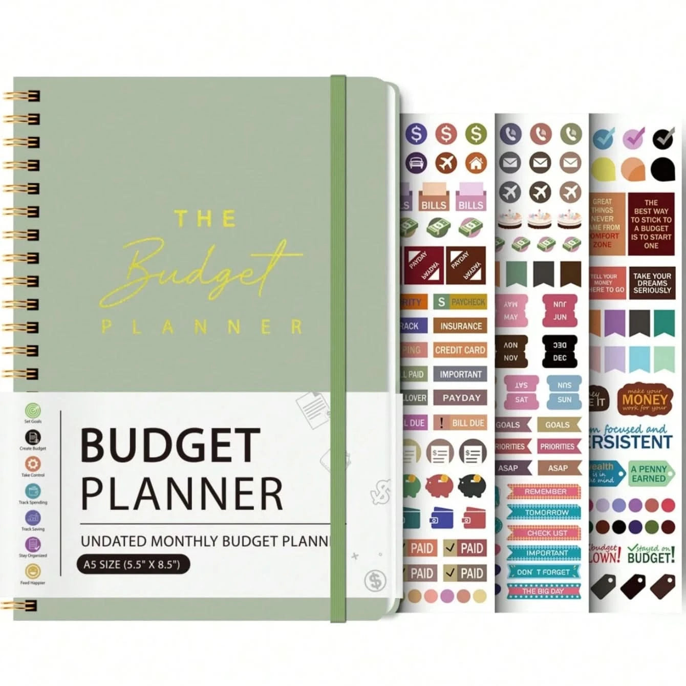 A5 Budget Planner Book with 3 Sheets Stickers, Undated Monthly Finance