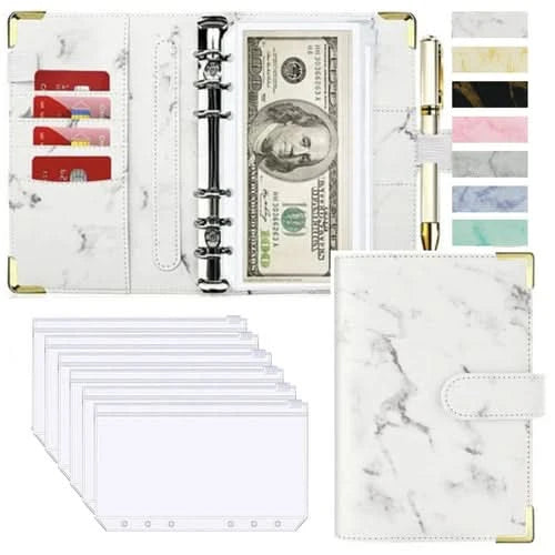 A6 Money Saving Organizer PU Leather Budget Binder Marble Notebook
