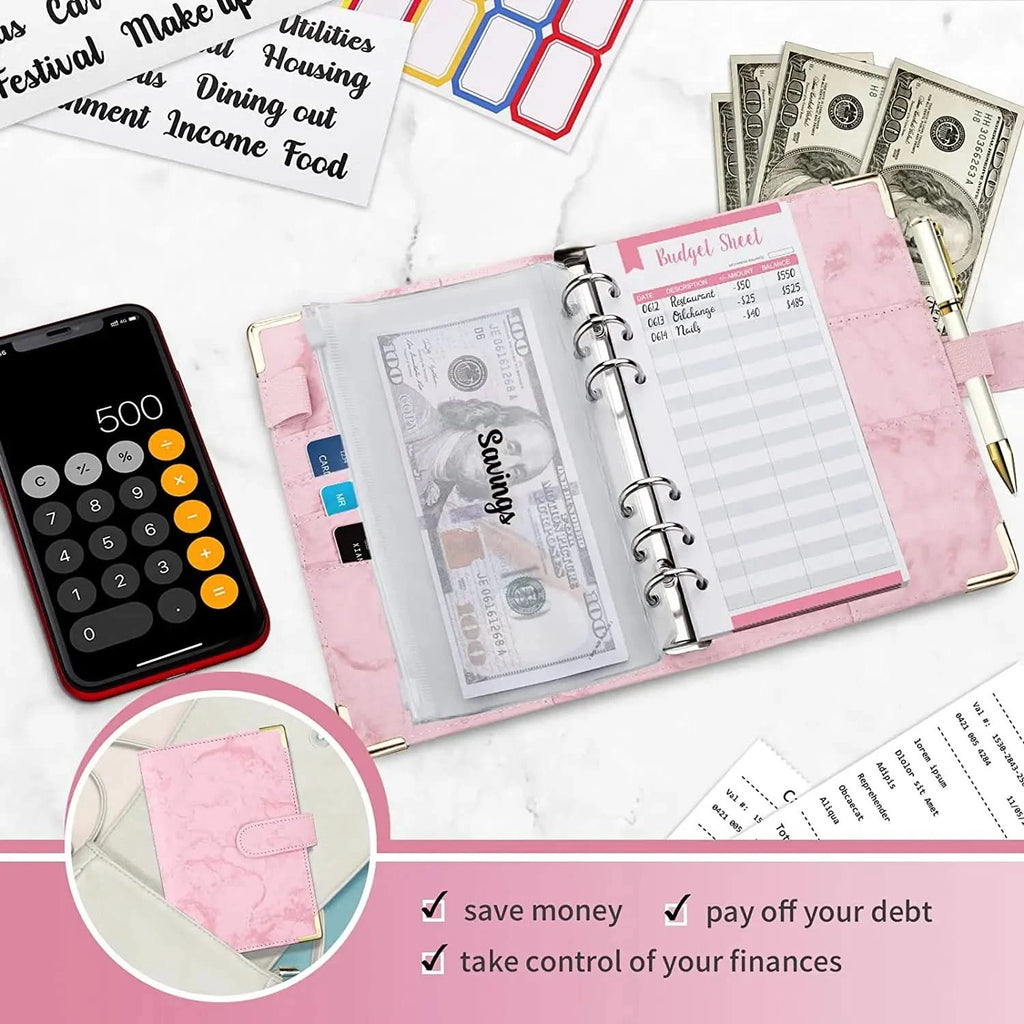 A6 Money Saving Organizer PU Leather Budget Binder Marble Notebook