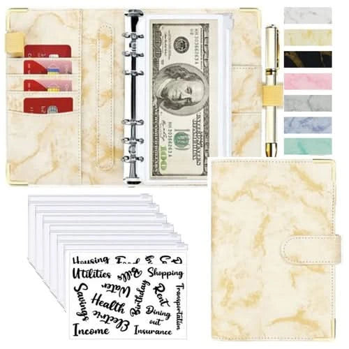 A6 Money Saving Organizer PU Leather Budget Binder Marble Notebook