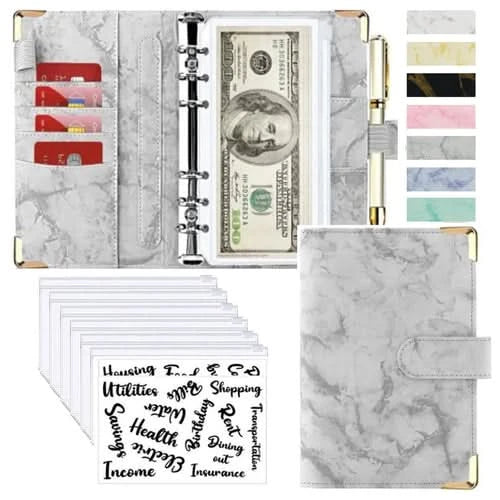 A6 Money Saving Organizer PU Leather Budget Binder Marble Notebook