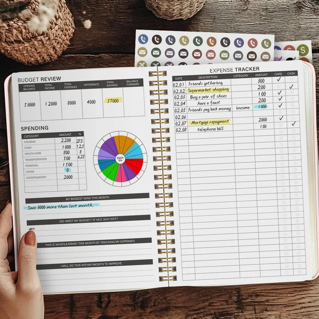 A5 Budget Planner Book with 3 Sheets Stickers, Undated Monthly Finance