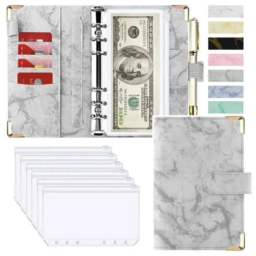 A6 Money Saving Organizer PU Leather Budget Binder Marble Notebook