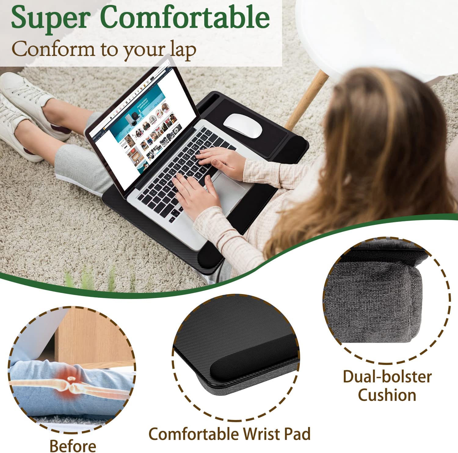 NNEDSZ Portable Laptop Desk with Device Ledge, Mouse Pad and Phone Holder for Home Office (Black, 43cm)