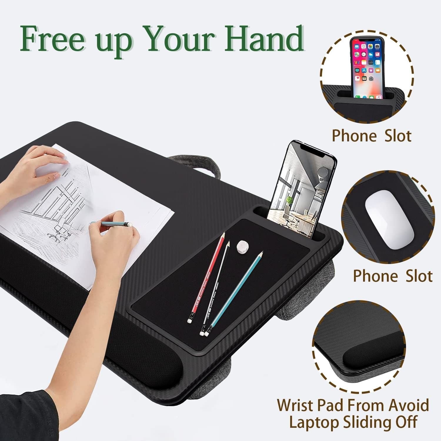 NNEDSZ Portable Laptop Desk with Device Ledge, Mouse Pad and Phone Holder for Home Office (Black, 43cm)