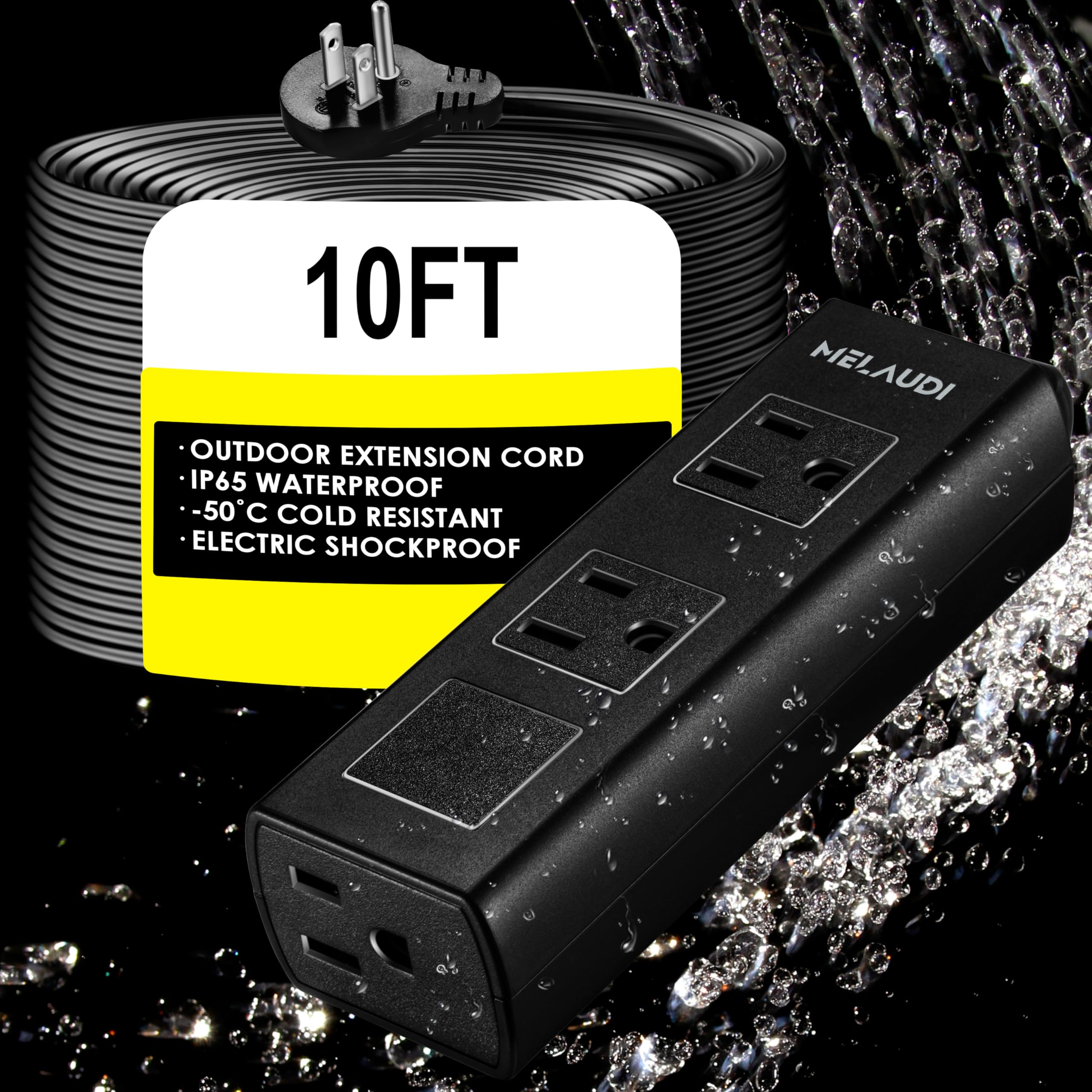 Outdoor Power Strip Weatherproof 10FT Heavy Duty Outdoor Extension Cord - 3 Outlets - Waterproof Surge Protector Shockproof Overload Protection Electrical Outlet Industrial/Home Power Strip
