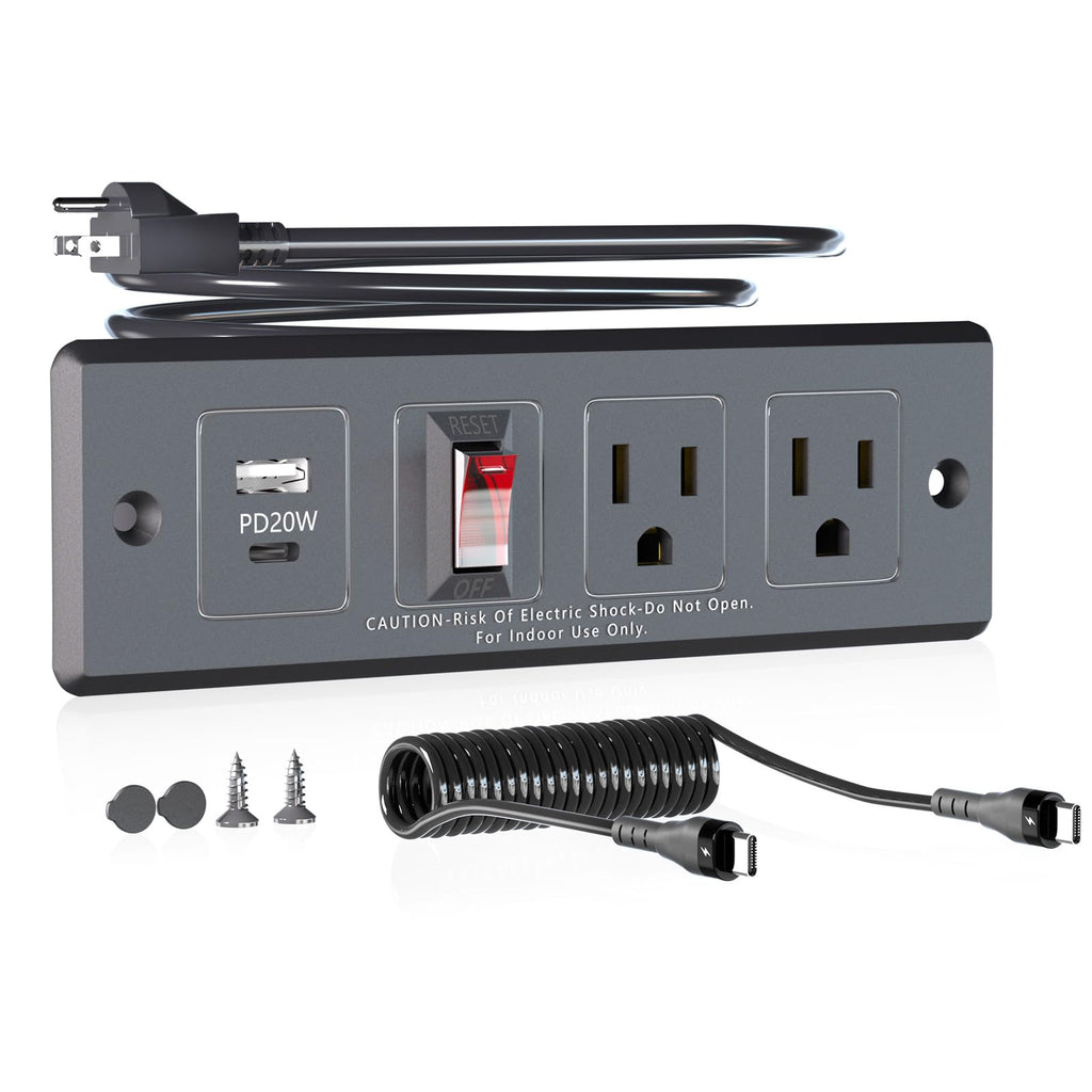 Moqidong Furniture Recessed Power Strip USB C: 1500W Flush Mount Power Strip 20W PD3.0 QC3.0 Recessed Power Outlet with Switch Drawer Outlet Kit Conference Table Power Hub 6.56FT Furniture Power Strip