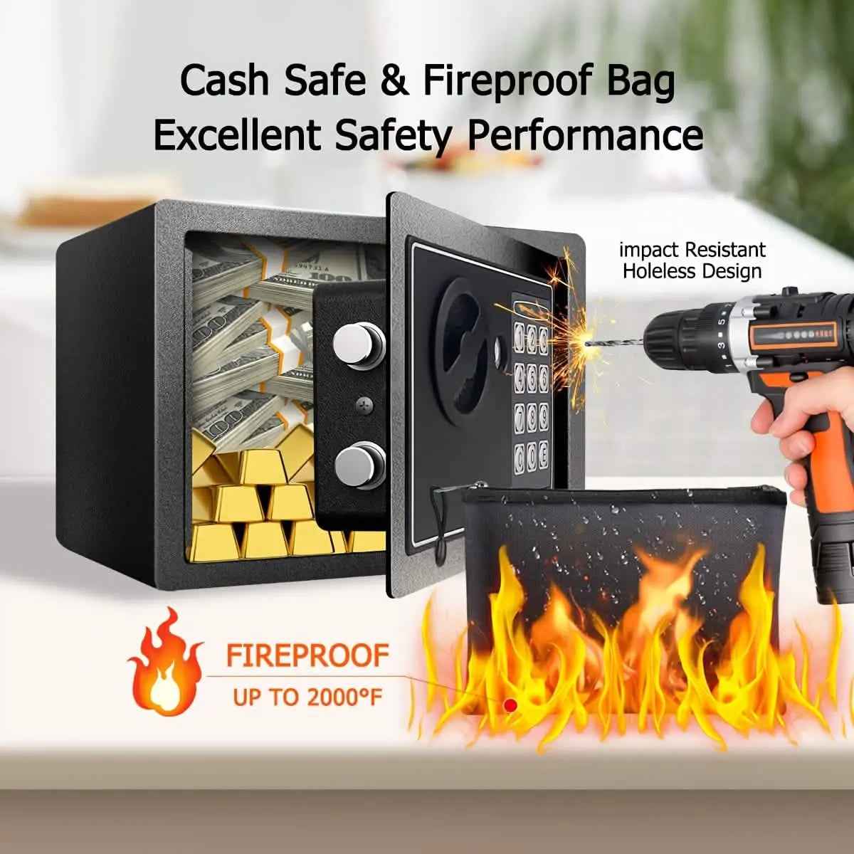 Fireproof Digital Home Safe with Keypad, Sensor Light & Money Bag-Silver DailySale