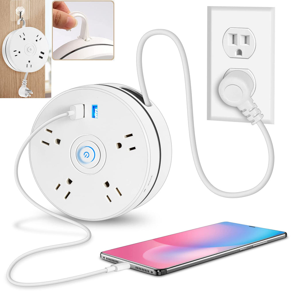 Retractable Power Strip 6ft Extension Cord Retractable Power Strip Surge Protector with 4 Outlets 2 Smart USB Ports and Hook Portable Travel Power Strip for Home Office Hotel (White)