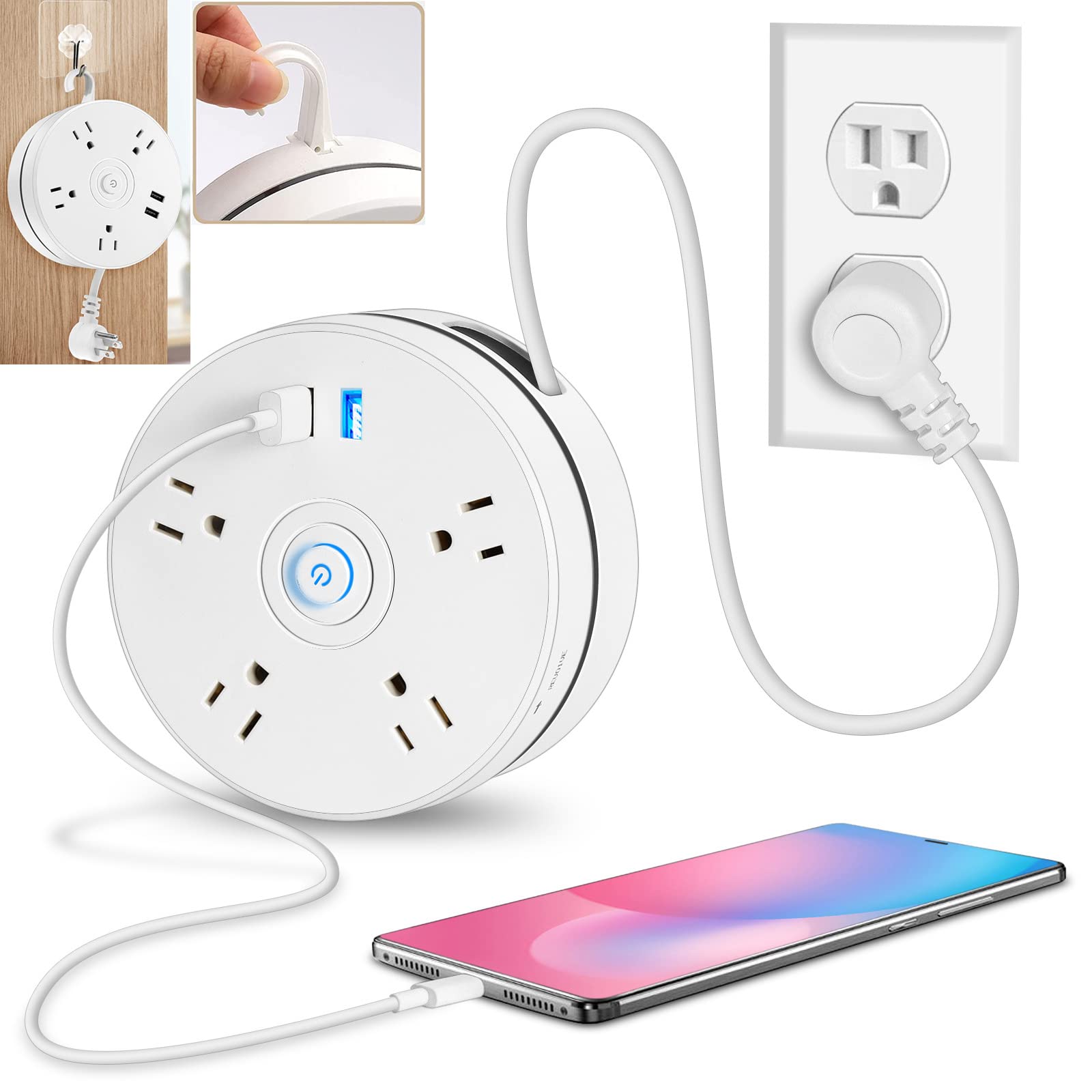 Retractable Power Strip 6ft Extension Cord Retractable Power Strip Surge Protector with 4 Outlets 2 Smart USB Ports and Hook Portable Travel Power Strip for Home Office Hotel (White)
