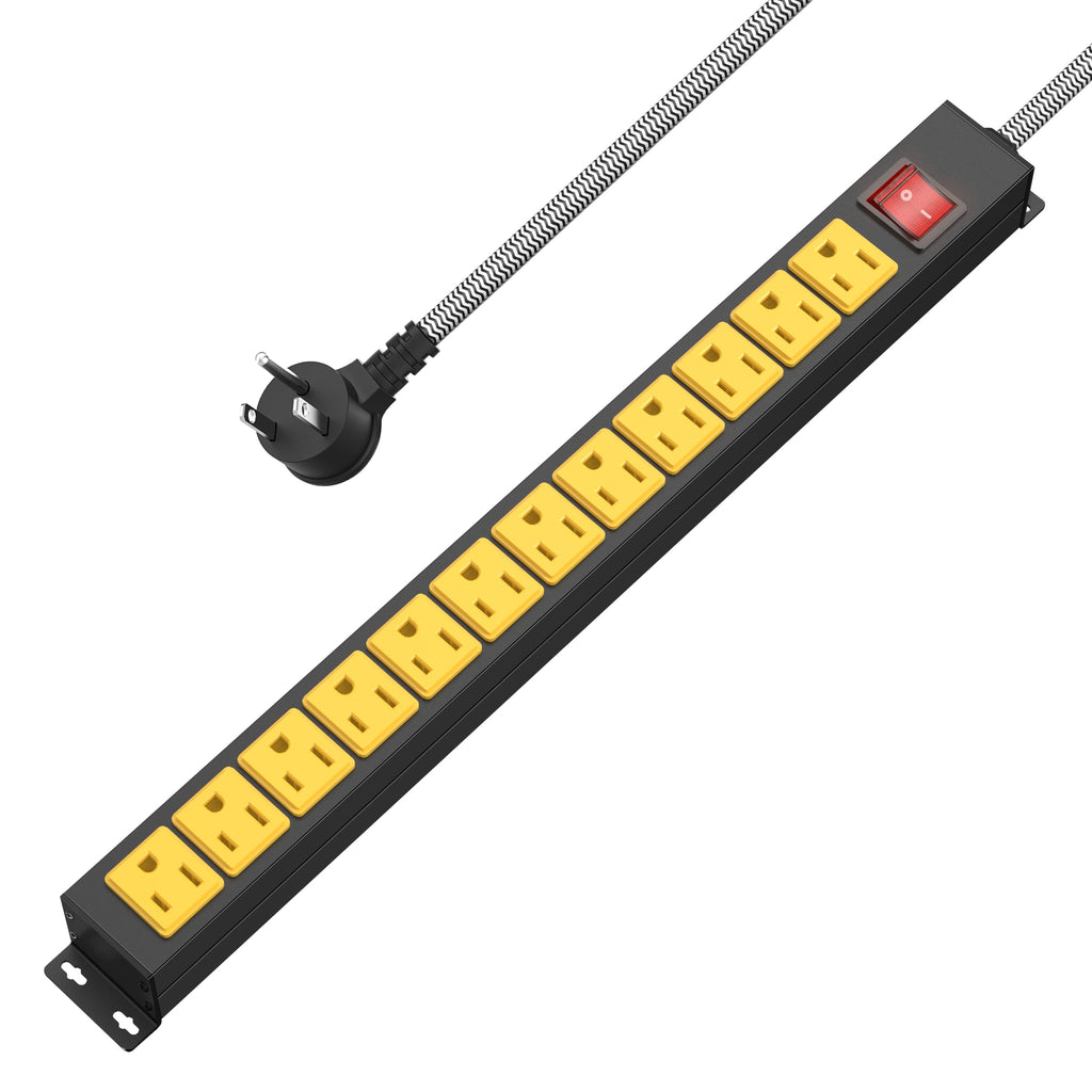 12 Outlet Heavy Duty Power Strip with 15A Circuit BreakerMetal Wall Mount Power Strip for Garage Workshop Industrial 1200J 15A 125V 1875W 6ft Cord