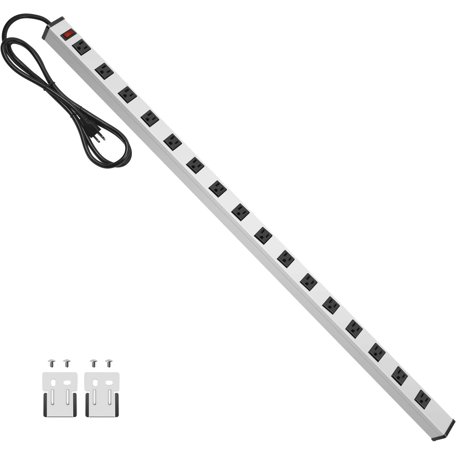 JUNNUJ Long Metal 16 Outlet Power Strip Wide Spaced Garage Industrial Heavy Duty Power Strip with 10 FT Cord 15A 125V 1875W-Silver