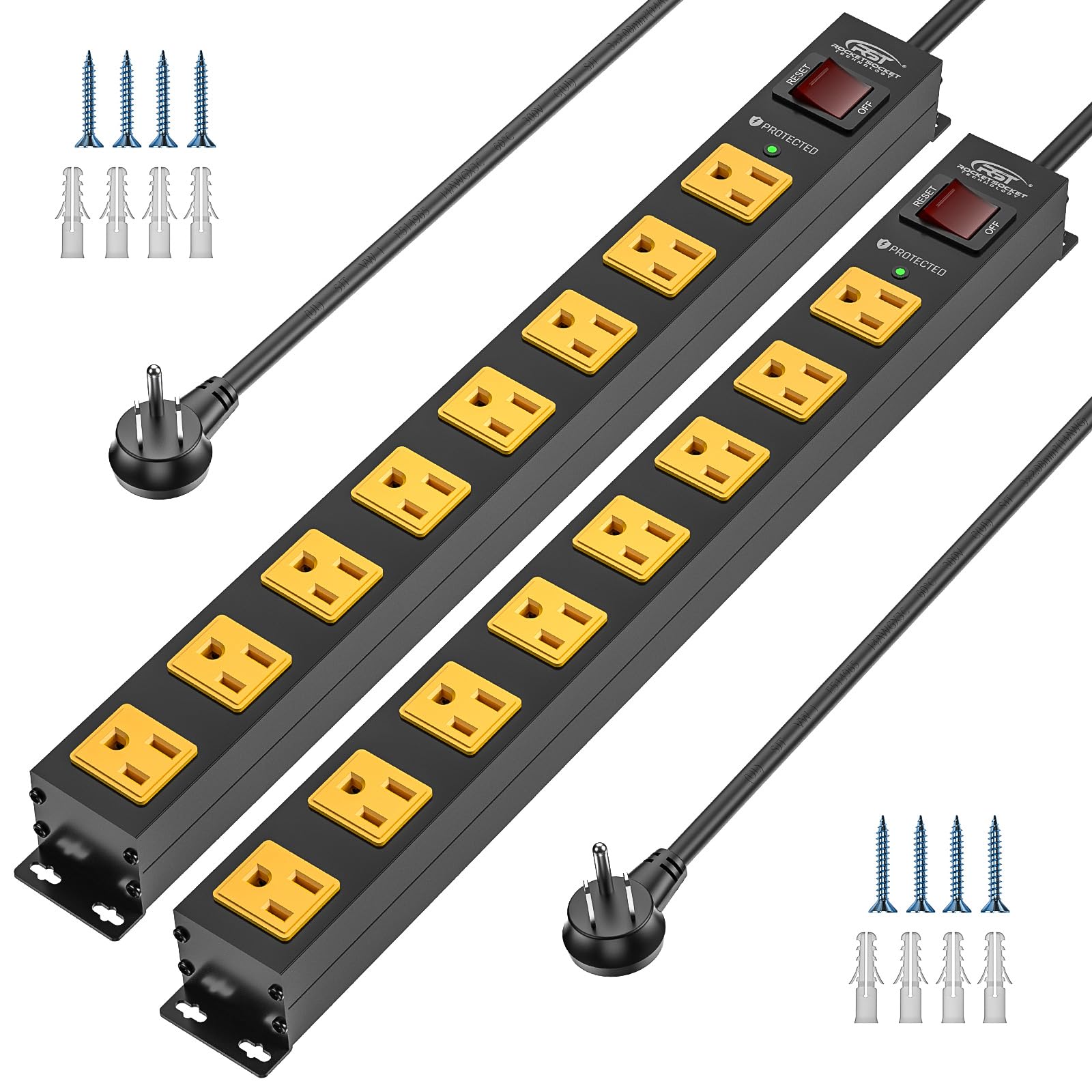 CRST 2 Pack 8 Outlet Metal Heavy Duty Power Strip with Switch 2100J Power Strip Surge Protector Mountable Wide Spaced Workshop Garage Power Strip 6 FT 14AWG 15A/1875W(Black+Yellow)